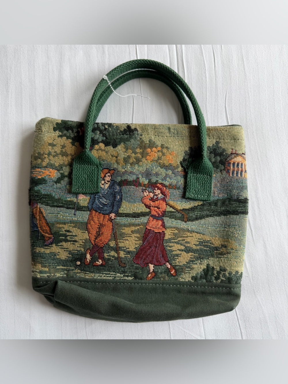 Vintage Tapestry Golf Scene Tote Bag Forest Green Canvas Woven Handbag Small